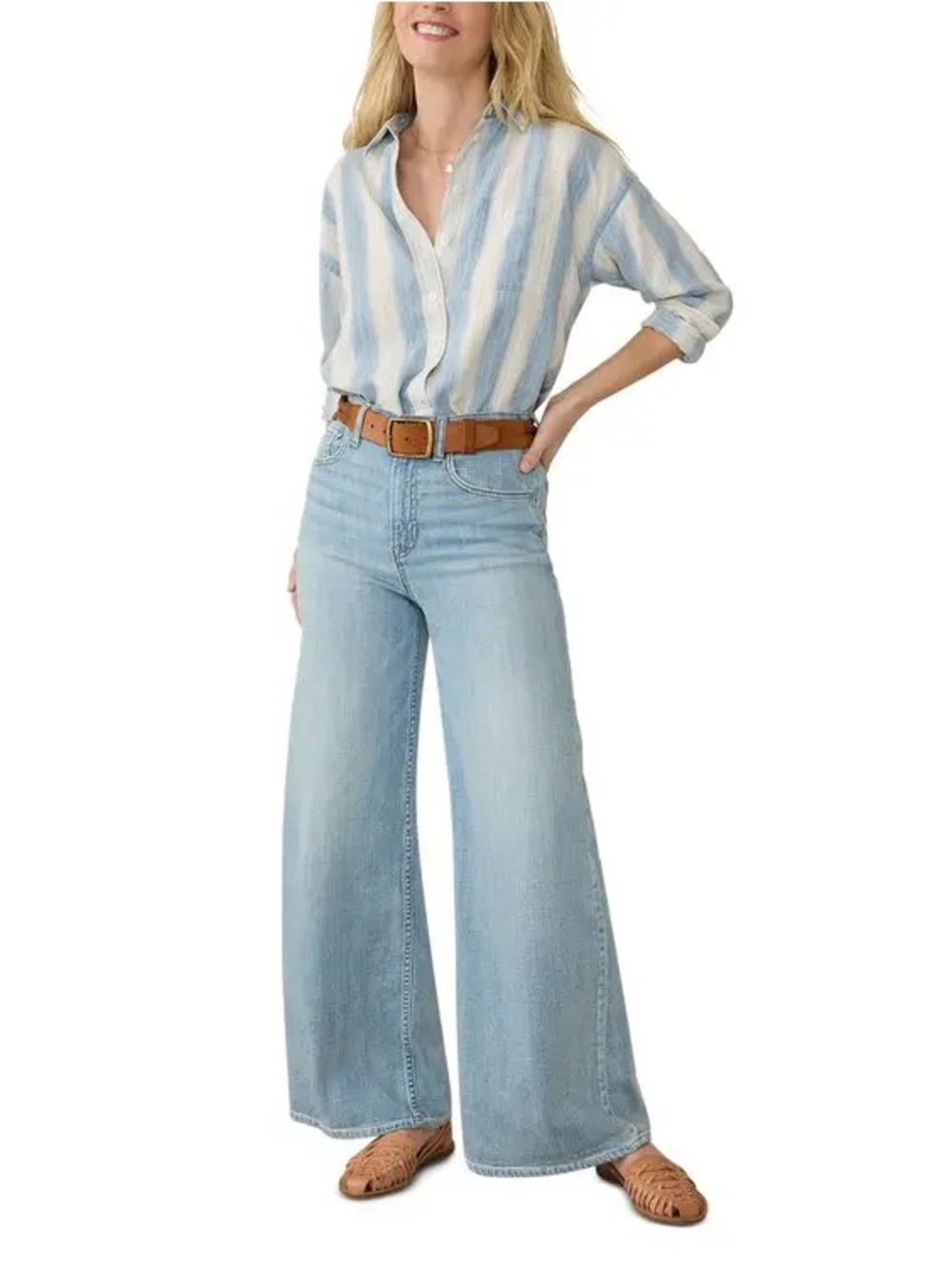 FAHERTY Relaxed Striped Shirt Button Down Blouse Blue Linen Blend Womens Size M